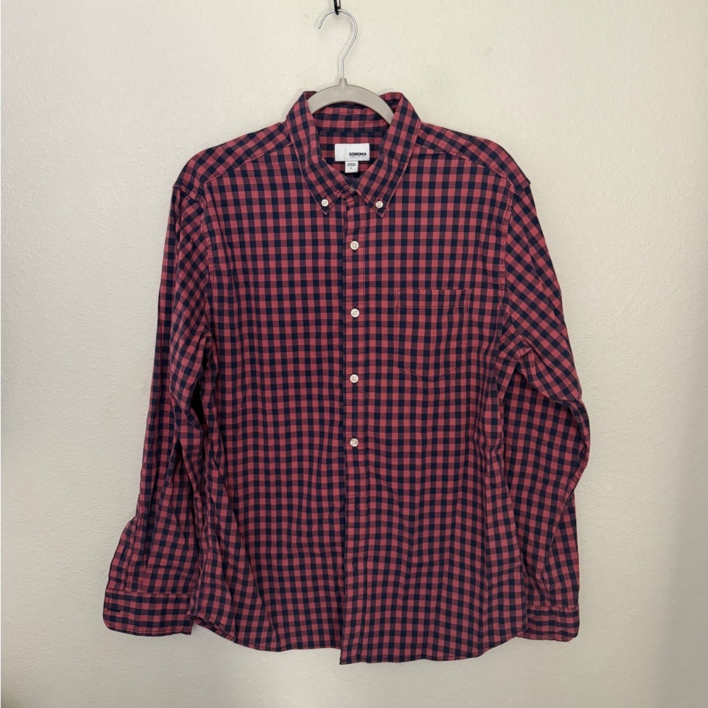 Sonoma Men's Red and Navy Plaid Shirt